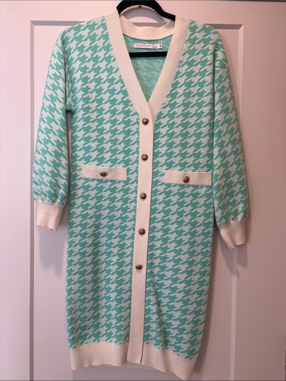 Long Houndstooth Cardigan dress with Cream Trim